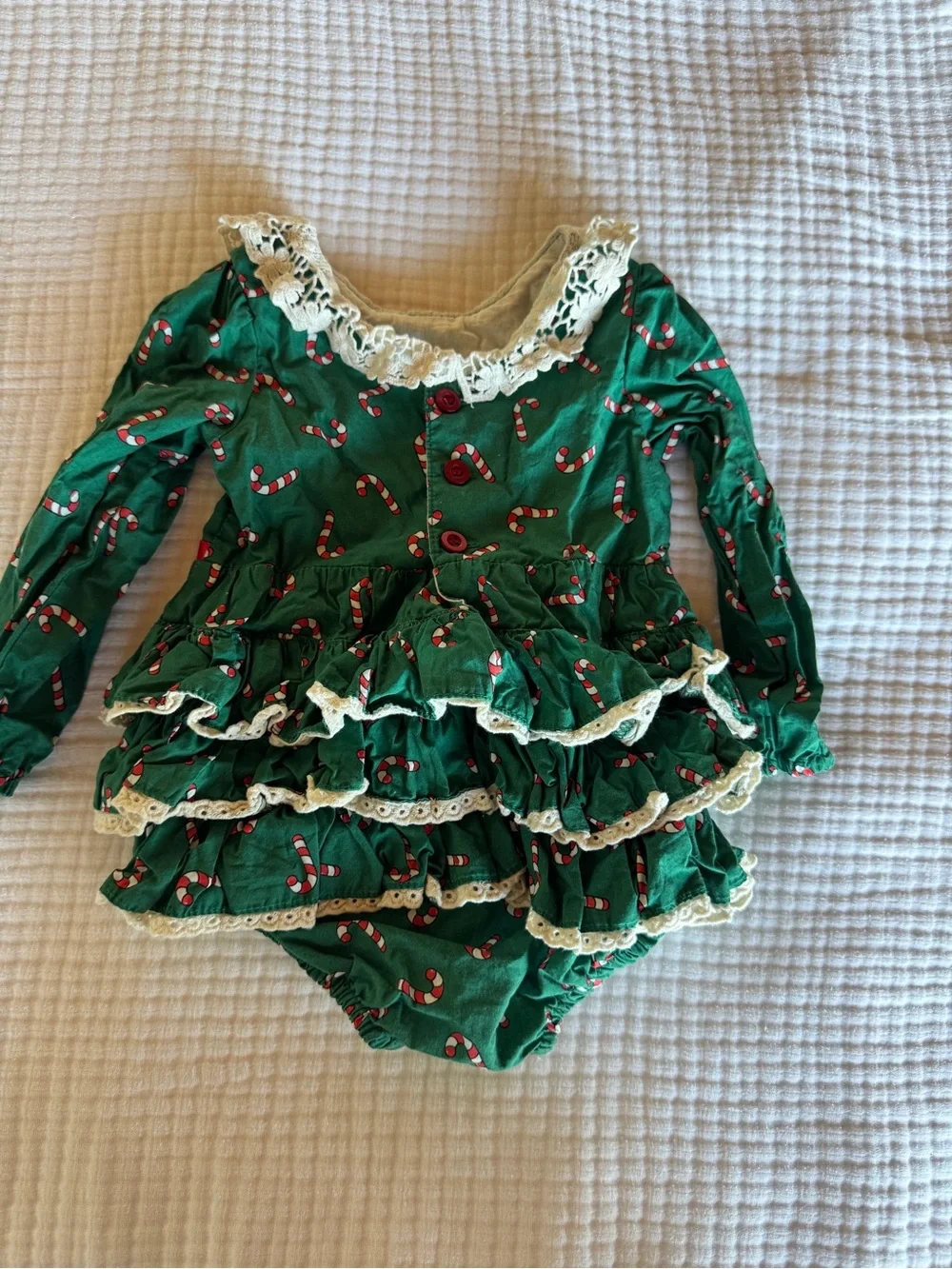Vintage styled Holiday Green Candy Cane Ruffled One-Piece with Lace Collar